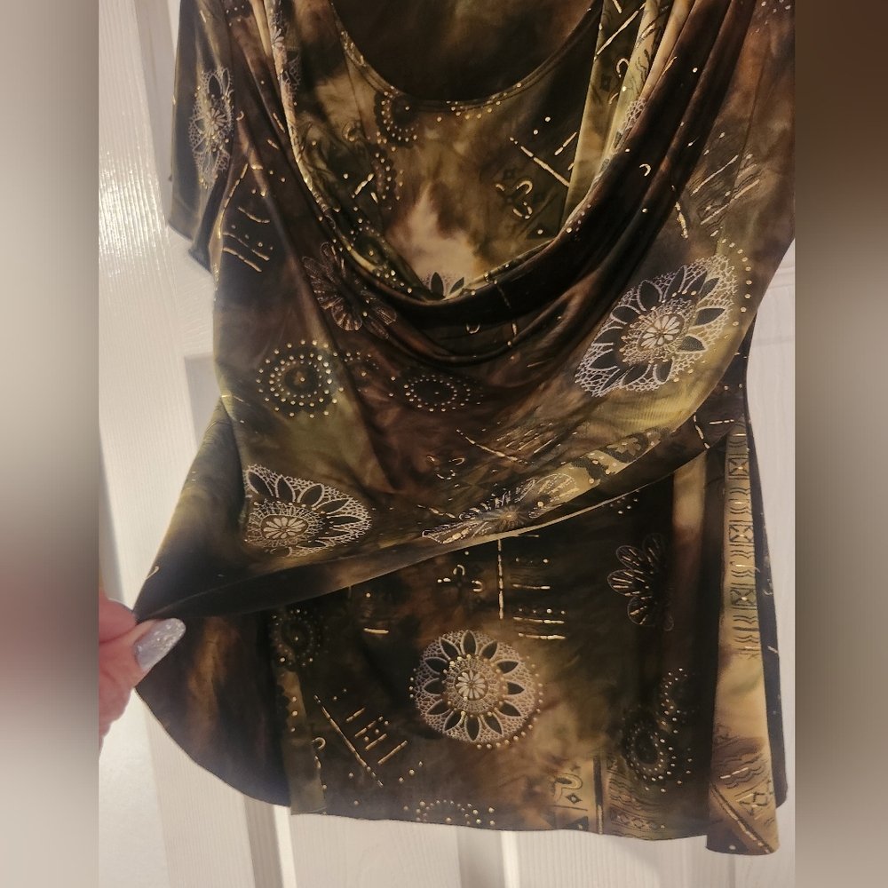 Dress Barn Short Sleeve Brown/Green Cowel Neck Gold Metallic Embellishmets PM - Picture 7 of 10